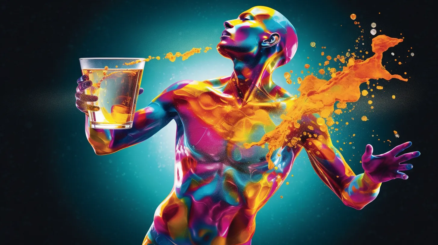 psychedelic person holding a large cup of water with water flying through the air in front of him